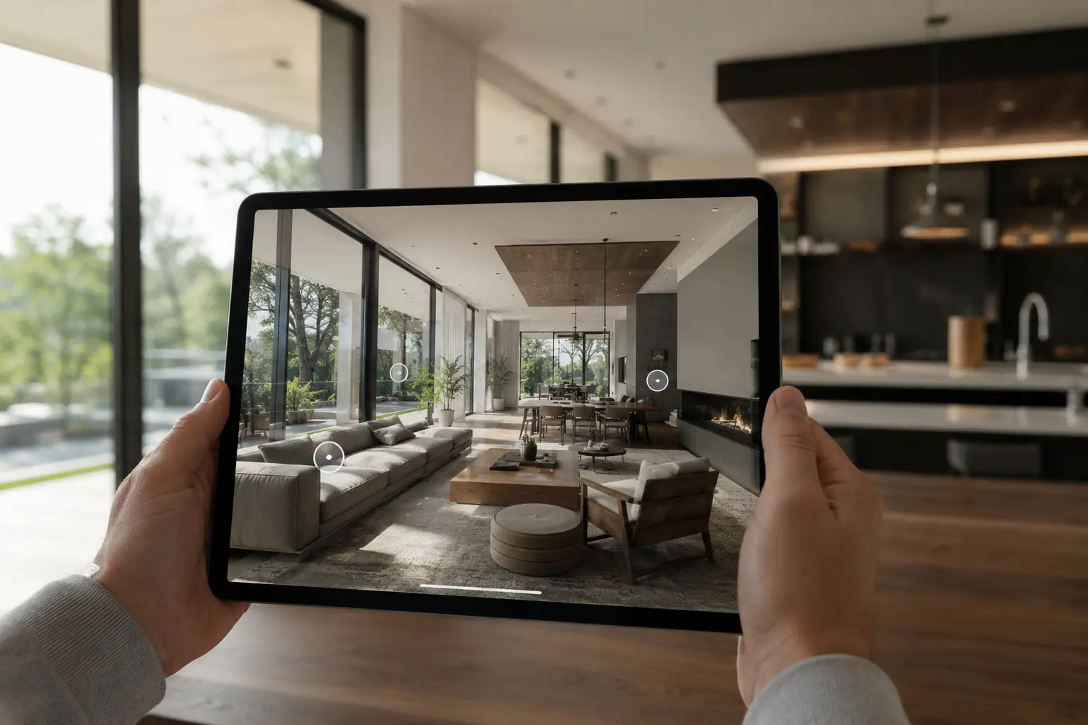 Recorrido virtual arquitectónico mostrando el interior de una vivienda moderna mediante una experiencia interactiva en tablet.